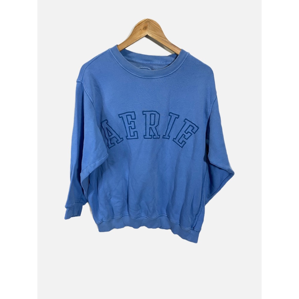 Aerie Sweatshirt Womens Medium Blue Embroidered Logo Crewneck Oversized Casual